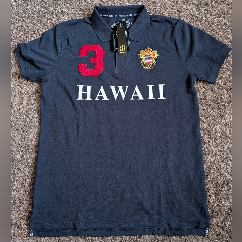 NWT Robin Ruth Navy Blue Hawaii #3 Cotton Polo Shirt Men's L